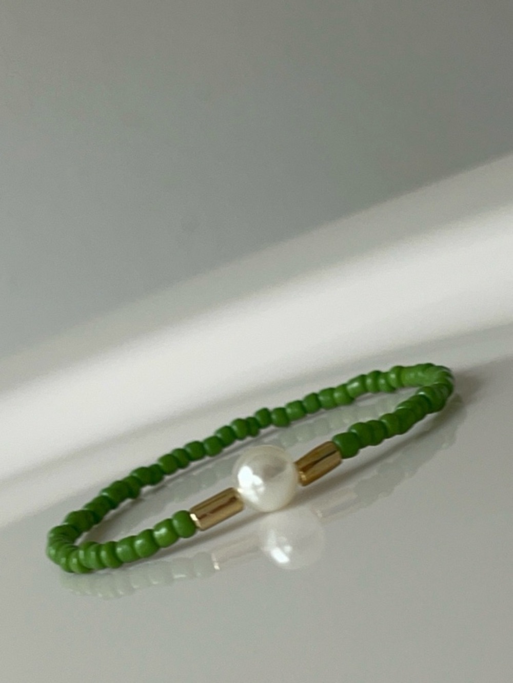 Green Beaded Pearl Accent Stretch Bracelet